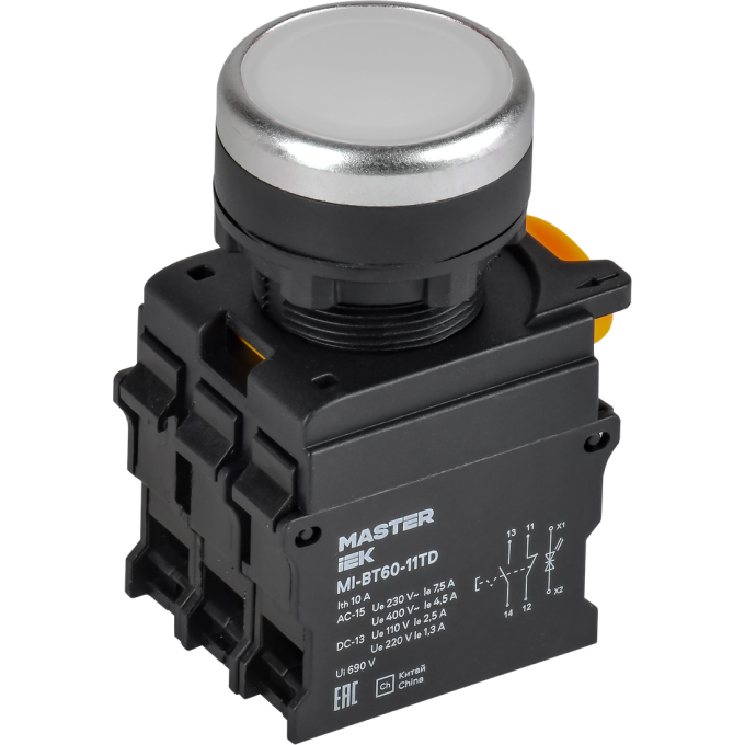 Кнопка с подсветкой и фиксацией IEK MASTER MI-BT60-11TD-3-11-K01 d=22мм 1NO+1NC белая