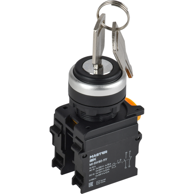 Переключатель с ключом на 2 положения IEK MASTER MI-SW60-11Y-3-34-2-K02 1NO+1NC чёрный